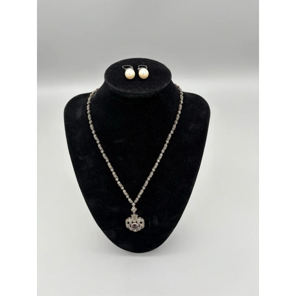 Sterling Silver Judith Jack Marcasite Necklace & SS‎ Faux Pearl Earrings 30g 9